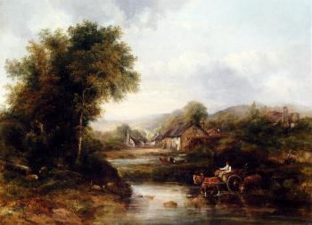Frederick Waters Watts : An Extensive River Landscape With A Drover In A Cart With His Cattle